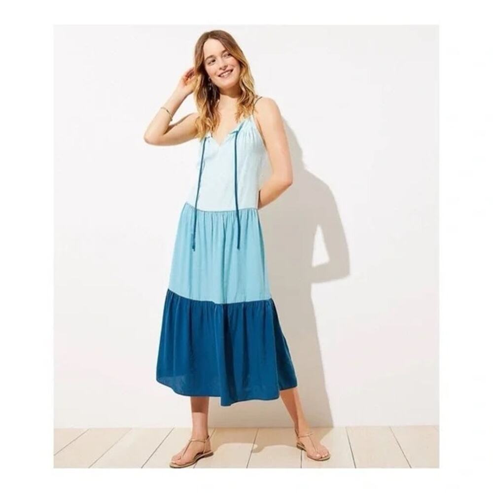 LOFT Beach NEW Blue Monochrome Colorblock Tiered Flowy Cover Up Midi Dress